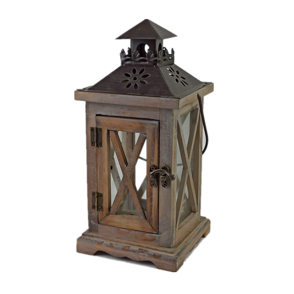 TentHome Vintage Wooden Lantern with Metal Roof Handle Rustic Candle Holder Tealight Decoration Candelabra (Coffee)
