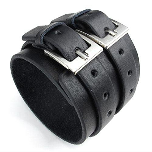 jonline24h Wide Genuine Leather Mens Bangle Cuff Bracelet, Punk Rock, Adjustable Fits 7