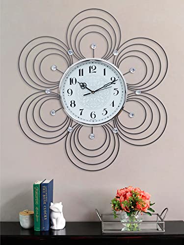 Image of CHRONIKLE Beautiful Floral Design Stylish Round Diamond Studded Crystal Metal Analog Wall Clock for Living Room Home Decor Office Gifts (Size: 55 x 5 x 59 CM | Color: Black | Weight: 1140 Gram)