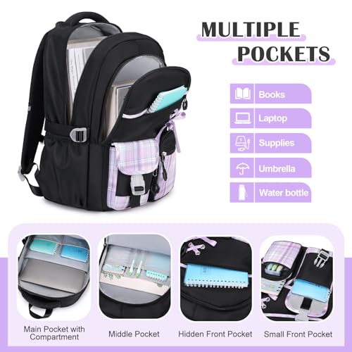 Backpack for Girls - 3PCS Girls Backpack with Lunch Box & Pencil Pouch Plaid School Backpacks for Elementary Middle High College School Bookbag for Teen Girl Kids Students Blackpurple3