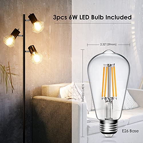Industrial Floor Lamp, Standing Lamp, Farmhouse Tree Floor Lamp with 3pcs 6W Edison Bulbs, Free Adjustable Cage Heads, Independent Control, Floor Lamp for Living Room, Bedroom, Office, Rustic Home - Image 6