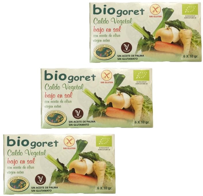 Pack 3x Cubitos de Caldo de Verduras Bajo en Sal Sin Gluten Biogoret Bionsan Bio 66 g | 3 Cajas (Total 198 g) | Caldo Vegetal Ecológico