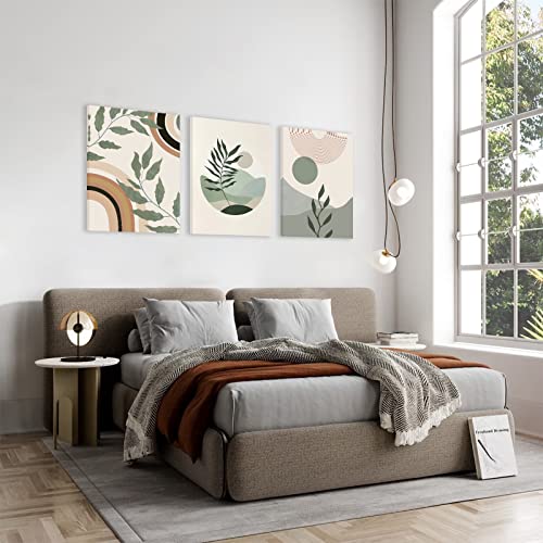 Image of Sage Green Boho Wall Art Set of 3, Boho Room Decor, Mid-Century Modern Wall Art Prints, Framed Neutral Geometric Canvas Prints Green Wall Art Sun Rainbow Leaf Mountain Minimalist Artwork 12 inch X 16 inch for Bathroom Bedroom Living Room Boho Wall Decor