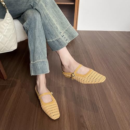 Women's Hollowed Out Straw Boho Ballet Flats Woven Closed Toe Silp On Mules Mesh Mary Jane Flats2