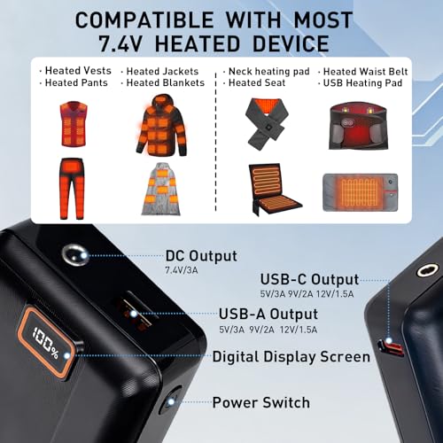 Image of Diweez 16000mAh Heated Vest Battery Pack, 7.4V /5V Power Bank with LED Display for Heated Apparel, Vest, Jackets, Pants, Heated Blanket, Portable Charger with DC /USB-A /USB-C Output and Type-C Input