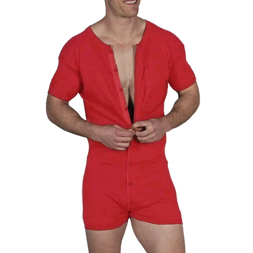 GYMAPE Mens Short Sleeve Onesie Pyjama Henley Jumpsuit Stretchy Cotton Ramper with buttons Red XL