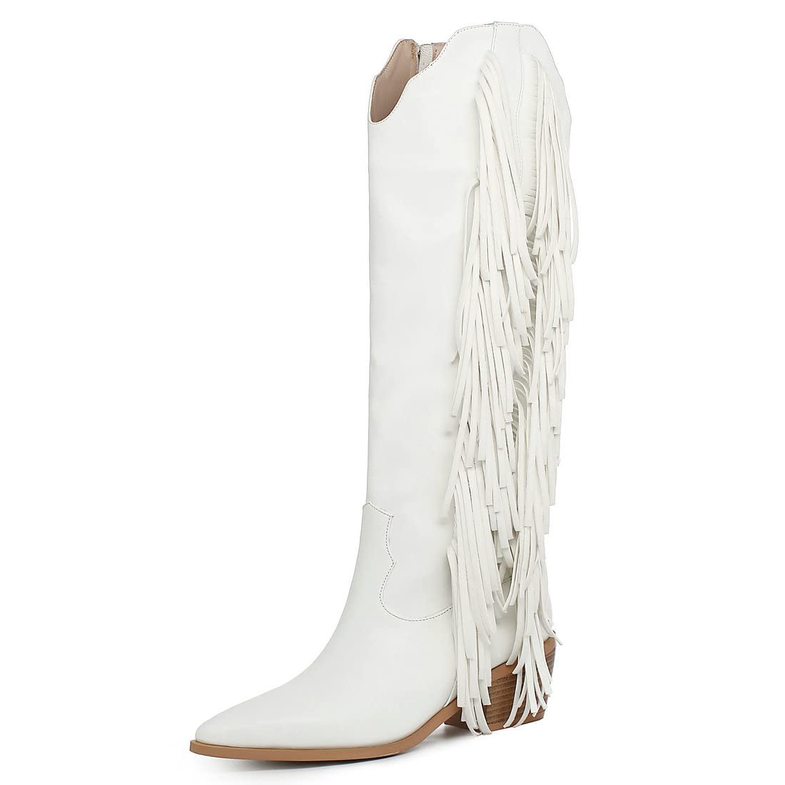 KiutSymo Cowgirl Fringe Boots For Women White Tassels Cowboy Boots Knee High Pointed Toe Western Boots