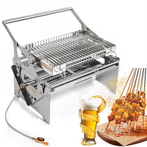 Parrilla portátil de carbón y gas, parrilla giratoria para barbacoa de camping con asas, ahumador plegable de acero inoxidable para cocinar al aire libre y picnics