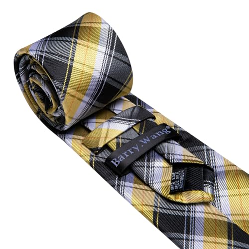 Image of Barry.Wang Mens Tie Set Plaid Check Neckties Formal Business Wedding Luxury Pocket Square Cufflinks