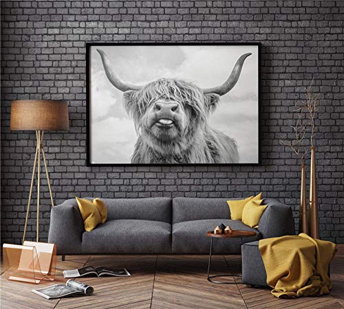 MYSY Blanco y Negro Highland Cow Cattle Wall Canvas Art Nordic Painting Poster and Print Scandinavian Wall Picture para Living-60x90cmx1 Piezas sin Marco Cover