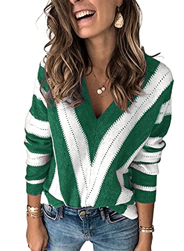 Image of FEKOAFE Womens 2026 Deep V Neck Sweaters Striped Long Sleeve Knit Pullover Sweaters for Women