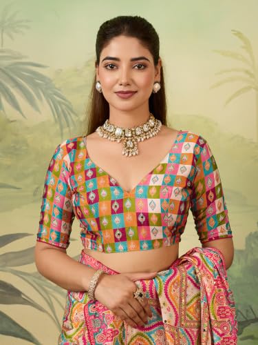 Image of Multi-Color Paisley Print Saree for Women | Fancy Mirror Work Traditional Saree with Blouse Piece