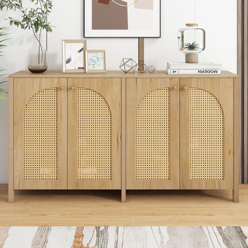 luckdect Buffet Moderne Rotin 4 Portes, Meuble de Rangement Salon Style Minimaliste, Bahut Salle à...