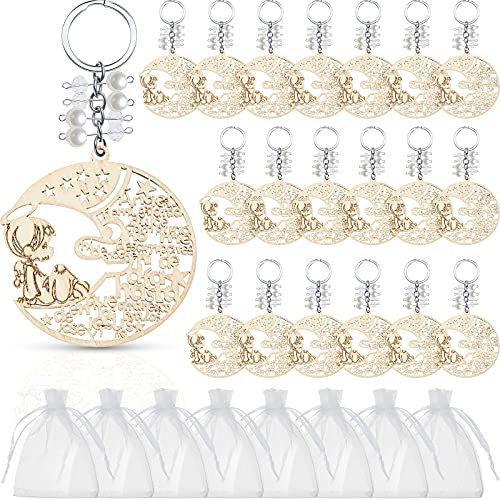 Youyole 20 Pieces Baptism Wood Keychains Angle Moon Design Baptism Favors with Organza Bags for Boy Girl Baby Shower Baptism Christening Supplies (Classic Style)