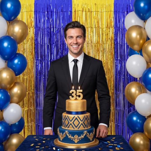 Image of TONIFUL Blue Gold Foil Fringe Curtains 2 Packs 3.3 x 6.6 ft Metallic Tinsel Streamers Backdrop for Birthday Graduation Engagement Retirement Sports Party Baby Shower 50th Anniversary Decorations