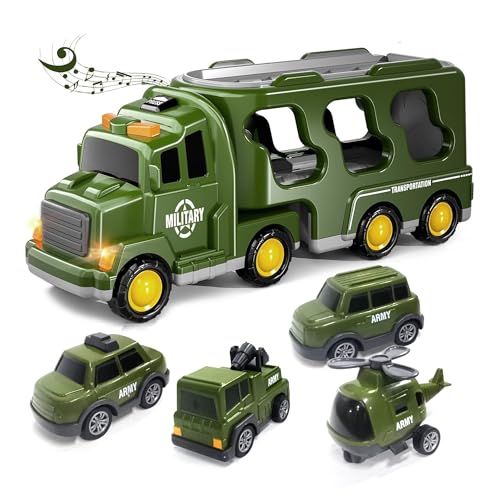 Image of Kidology 5-in-1 Friction-Powered Military Army Truck Toy Set with Music - Montessori Educational Transport Carrier Vehicle Toy for Boys & Girls, Fun Birthday Gift for Kids Ages 3+