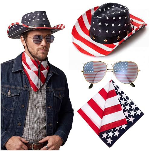 Image of 3 Pcs American Flag Cowboy Hat with Bandana and Glasses Cowboy Hat with Strap Halloween Cosplay Costumes for Masquerade