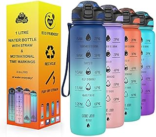 COSY CLOUD Water bottle with straw - Motivational water bottles with times to drink; time markings measurements for Sports Gym Office - BPA free leak proof reusable Tritan plastic 1 litre