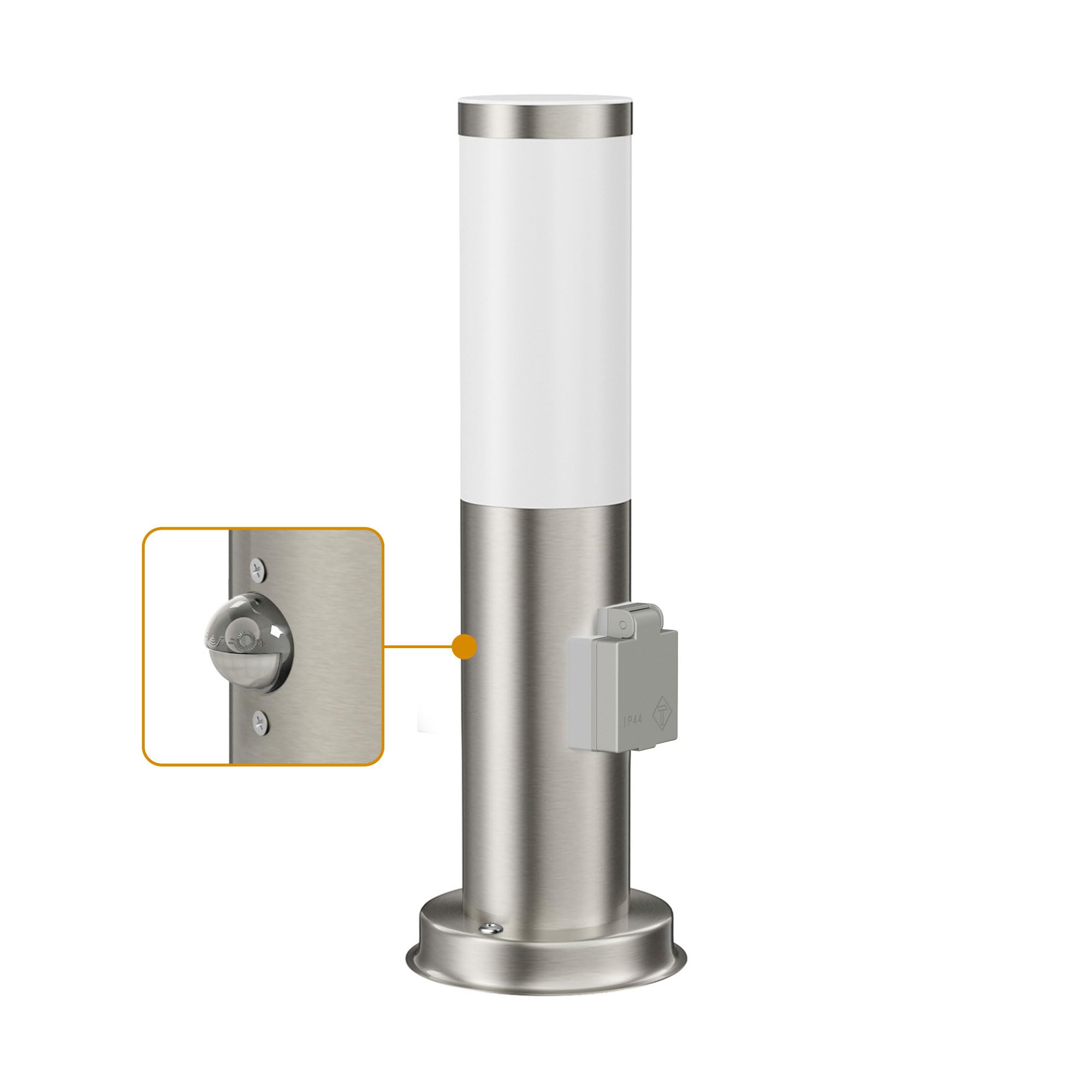 ledscom.de Borne d'éclairage PORU Capteur pour l'extérieur, 38cm, inox, prise de courant, ampoule E27 471lm incluse, blanc extra-chaud
