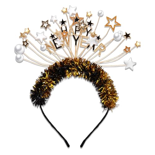 mokkia Happy New Year Headband for Women Girls Glitter Tinsel Star Headbands New Year’s Eve Headband Accessories Party Favors Decorations Holiday Gifts (Black Gold 3)