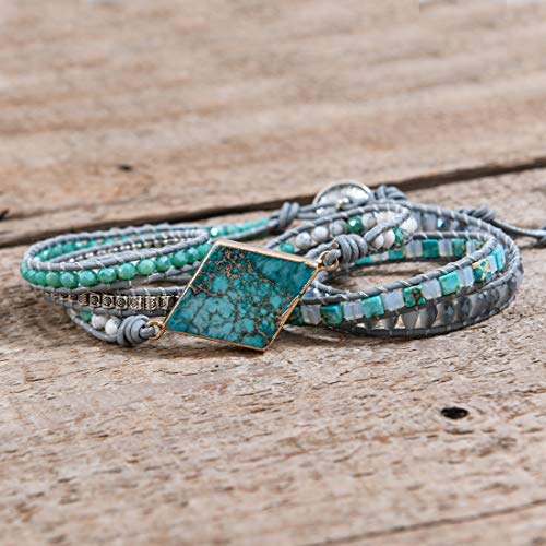 Ygline Wrap Bracelets Crystal Beaded Bohemian Style Jasper Leather Woven Healing Stone Jewelry(Blue) #TOP4
