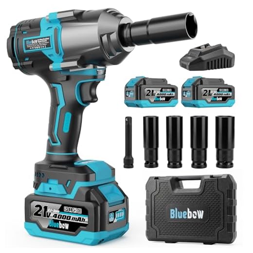 Bluebow Cordless Impact Wrench, 737.5 ft-lbs (1000 N·m) Brushless Impact Wrench with 2x4.0Ah Battery, 1/2" 3-Speed Modes Impact Gun with 4 Sockets for Pickup, Truck, Home Car