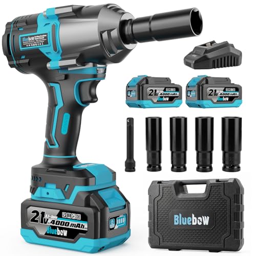 Bluebow Cordless Impact Wrench, 737.5 ft-lbs (1000 N·m) Brushless Impact Wrench with 2x4.0Ah...