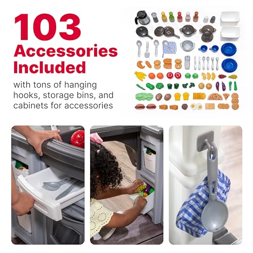 Step2 Grand Walk-in Kitchen & Grill Kids Playset, Indoor/Outdoor Kitchenette, Interactive Play with Lights and Sounds, Durable Plastic, 103 Piece Toy Accessories, Toddlers 2+ Years Old, Gray/White - image 4