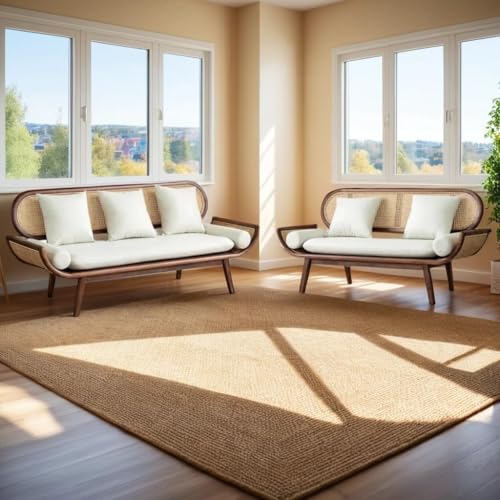 Image of Modern Rattan Cane Sofa with Curved Arms Wooden Frame, Beige Cushions and Throw Pillows Sofa for Living Room, Bedroom, Hallways (3+2 Seater)