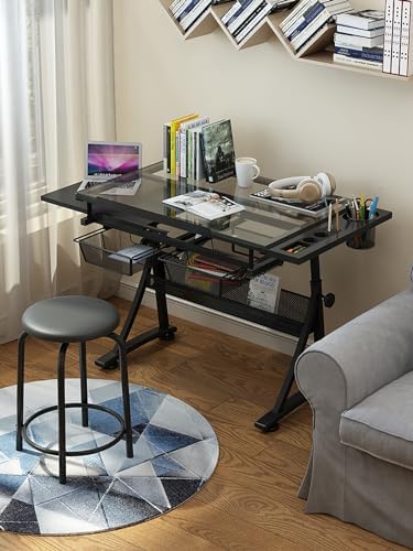 Drawing Tilting Tablet,(Drafting Desk with Stool Artist Drawing Table, 0°-80° Tilted Tabletop, 26.8"-36.2" Height Adjustable Work Surface for Reading, Writing, Crafting, Painting Art (Color