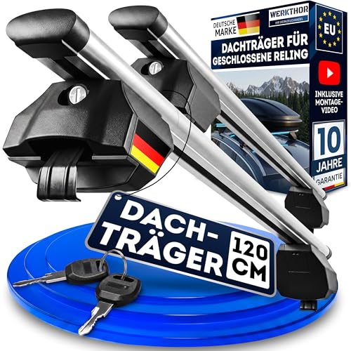 WERKTHOR Alu Dachträger 120cm für Geschlossene Bündige Relings – Aerodynamischer Relingträger Vormontiert & Abschließbar – Auto Dachträger 90kg – Universal für Dachbox & Fahrrad