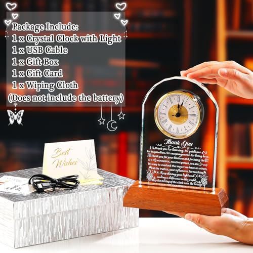 Image of Ornalrist Thank You Glass Clock Gifts for Women Men with Wooden Light Base - Appreciation Gifts for Teacher Coworker Boss Mentor Employee Home Office Desk Decor