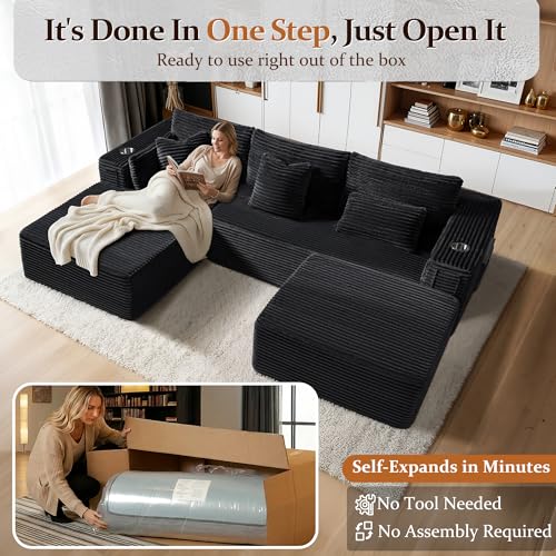 Image of 108 inch Cloud Sectional Couch, Comfort U Shaped Boneless Couch for Living Room, Extra Deep Seats No Assembly, Minimalist Modular Sofa, Corduroy (Black, 2 Seater + Right Facing Chaise + Ottoman)