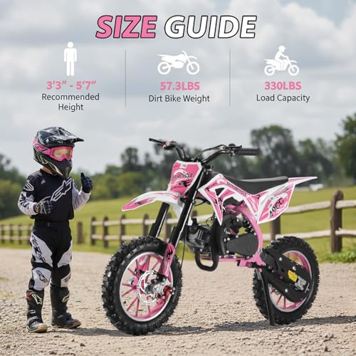 Image of 50cc Kids Dirt Bike, 49cc Gas Dirt Bike for Kids 8-14, 2-Stroke Mini Dirt Bike with Pull Start, Off-Road 10-Inch Tires, Front and Rear Disc Brakes, 25 MPH, for Dirt, Gravel, Yard