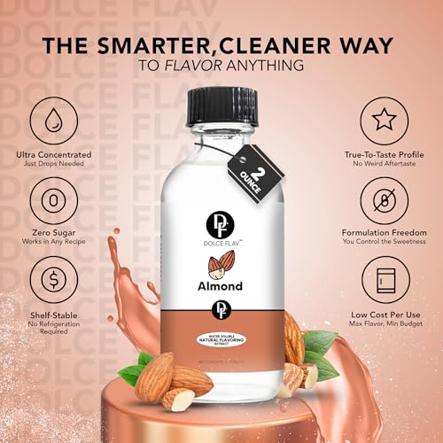 Image of Dolce Flav Natural Almond Extract - 2 Ounce Water-Soluble Kosher, Sugar-Free, Concentrated Pure Almond Flavoring for Baking, Pastries & Beverages, Includes Measured Dropper, Pack of 2