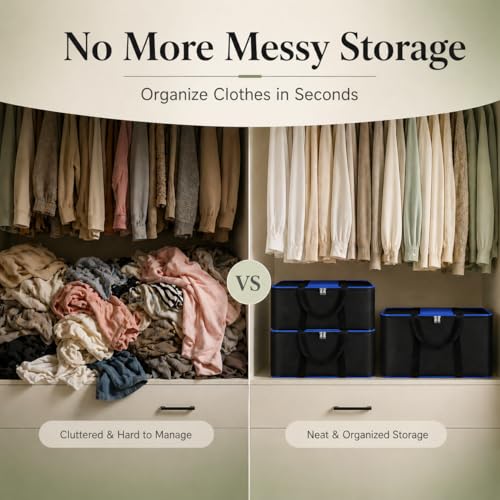 Image of DALUCI Underbed Storage Bags for Clothes Pack of 4 Large Moisture Proof Organizer with Zipper Non Woven Foldable Storage Bag for Blanket Saree Wardrobe 54 x 46 x 28 cm (Black & Blue - Large, 4 Pack)