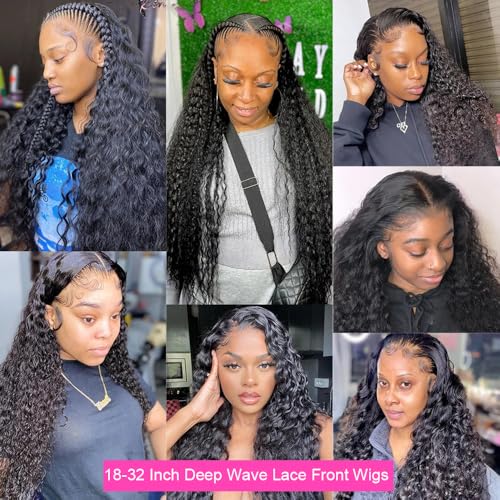 Image of JTMMP 13x6 Deep Wave Lace Front Wigs Human Hair for Women 200% Density Deep Curly Human Hair Wig 30 Inch HD Lace Frontal Wigs Human Hair Pre Plucked with Baby Hair Natural Black Color