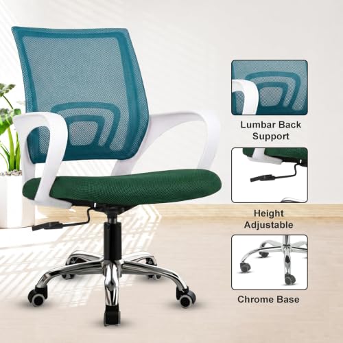 Image of Casa Copenhagen Mesh Mid Back Office /Study /Computer /Revolving /Desk Chair for Work from Home -Metal Base, Height Adjustable Seat - Green & White Handle