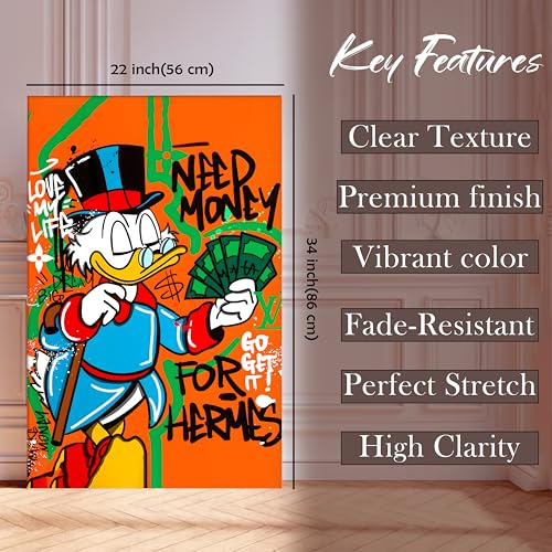 Image of Modern Pop Art Duck Money Canvas Wall Art Painting For Living Room | Graffiti Street Painting | Bold Cartoon Artwork for Living Room, Office & Cafe Decor, 56x86 cm