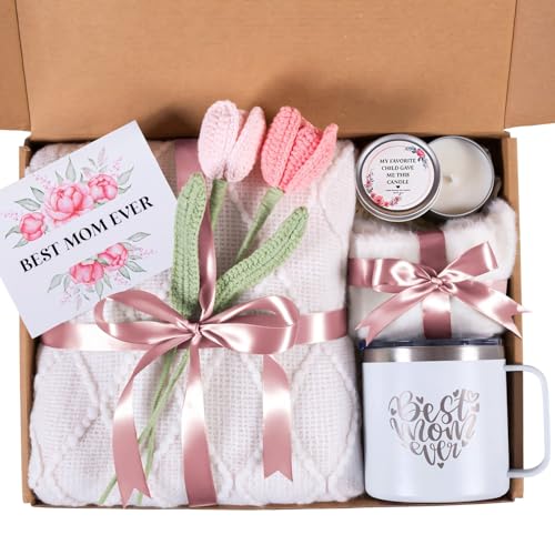 Mothers Day Gifts for Mom from Daughter Son Child Mother Day Gift Basket for Stepmom Mother-in-Law Best Mom Ever Gift Box Set with Blanket Coffee Mug Socks Crochet Tulips Flower
