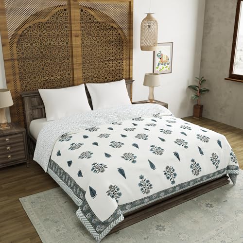 Image of BLOCKS OF INDIA Hand Block Printed Cotton King Size Quilt /Rajai (90 inch X 108 inch) (Grey Rose)