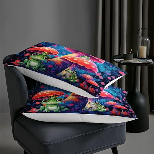 Image of AILONEN Red Mushroom Comforter Set, Boys Girls Twin Size Bed in a Bag,Cute Cartoon Frog Print Bedding Nature Forest Wild Fungus Comforter Set 3 Pieces, 1 Quilt and 2 Pillowcases