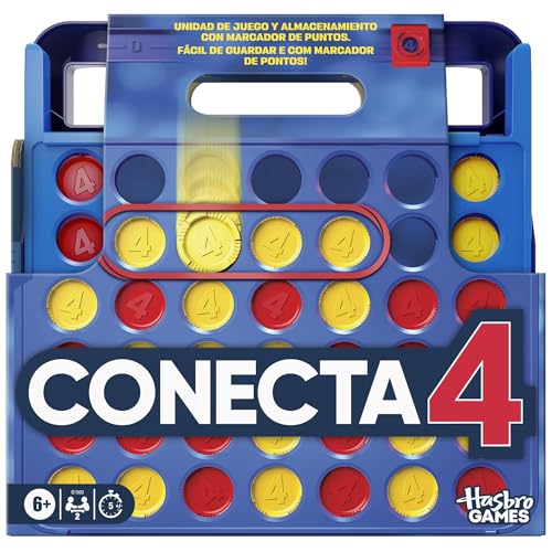 Juegos de Hasbro Oficiales, Juego Conecta 4, Estuche Todo en uno, Marcador de Puntos, Juegos para niños, 6+ - Versión español-portugués
