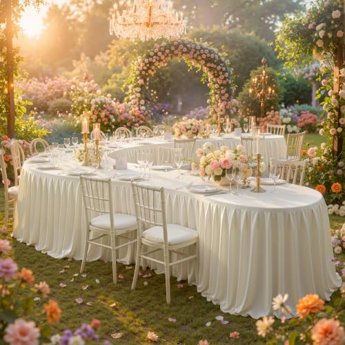 PARTISKY Light Ivory Pleated Ruffle Table Cloth for Wedding Baby Shower Display Table,Wrinkle Resistant Polyester Table Skirt for Rectangle Tables 17ft