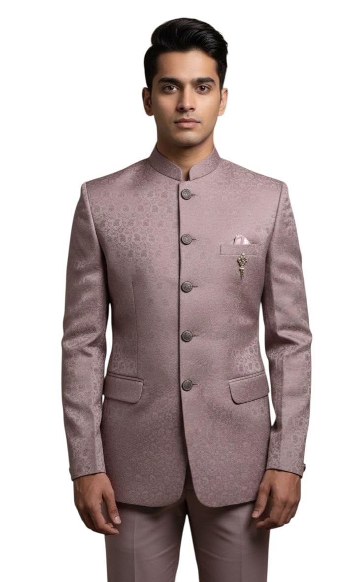 Luxurious Men's Bandhgala Jacket in Mauve Pink, Traditional Prince Coat with Mandarin Collar, Jacquard Silk Fabric, Wedding Formal Wear