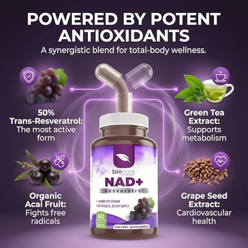 Image of Resveratrol NAD+ 1400mg | Trans-Resveratrol Antioxidant NAD Supplement with NAD | Support Cellular Health, Energy & Anti Aging (60 Capsules)