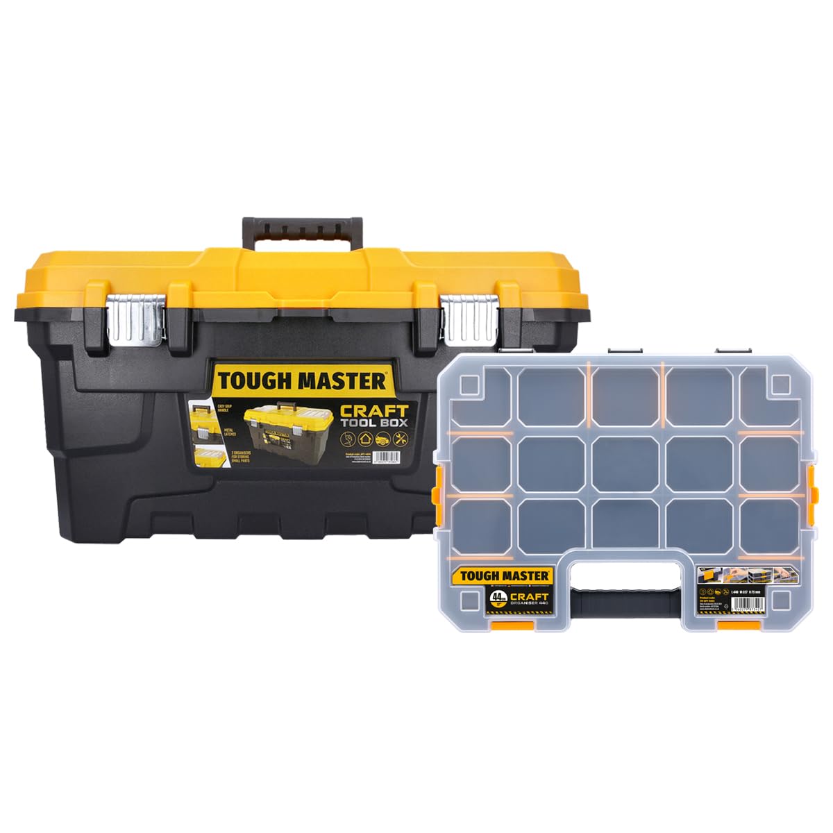 TOUGH MASTER 22" Heavy Duty Tool Storage Box large Capacity with Removable Tote Tray Handle &Compartment Organiser Waterproof for Power Tools, Hand Tools, Fixings (With 17 Inch Organiser)