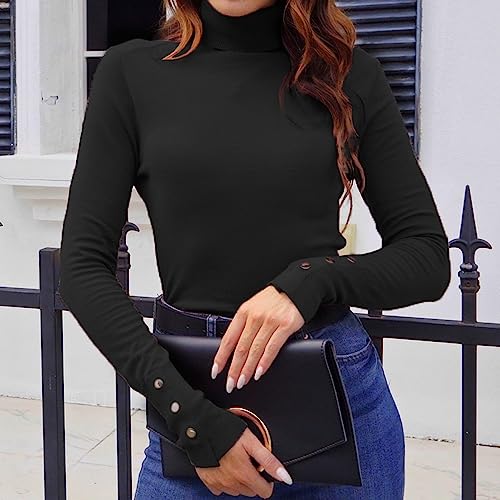 Hyipels Women's Turtleneck Sweater Long Sleeve Fitted Lightweight Soft Knit Pullover with Metal Buttons2