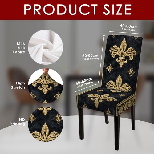 Image of Nuxovilar 4PCS Black Gold Fleur-de-lis Stretch Chair Covers | Stretch Slipcover Elegant Protector Fleur Wrap Seat Guard Dining Room Formal Banquet Event (Fleur-de-lis)