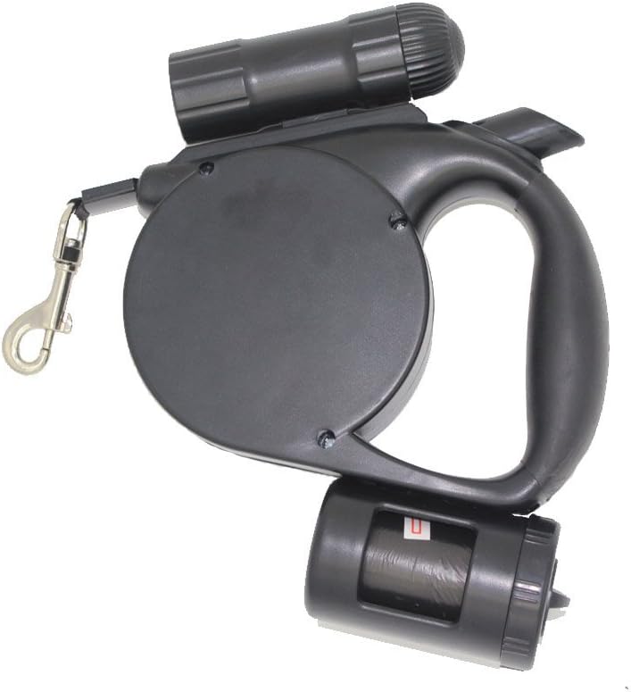 Retractable Dog Leash 15-Foot One Button Break & Lock Tangle Free With a LED Flashlight and Garbage Bags Dispenser and FREE Dog Waste Bags (Black)